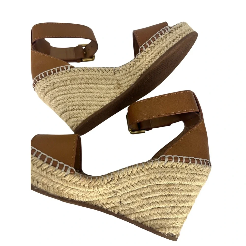 See by Chloe Glyn Leather Espadrille Wedge Sandals Brown Size 36